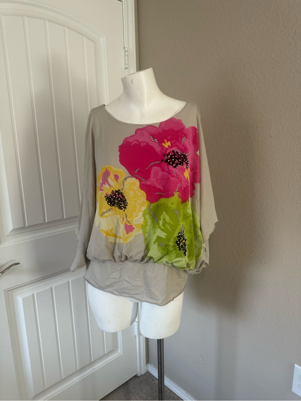 Style & Co. Taupe Tunic with Pink, Yellow & Lime Floral Print